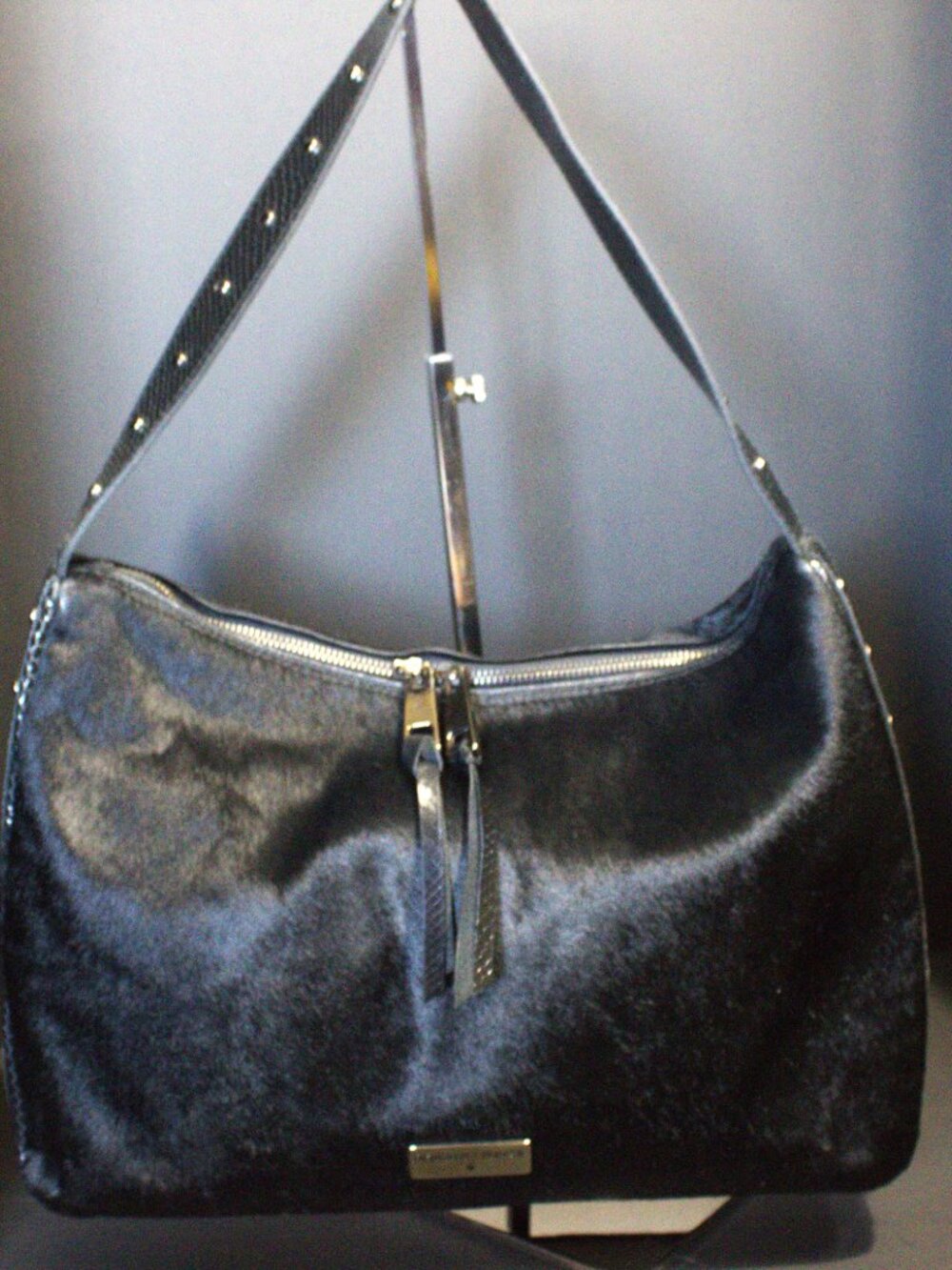 Donald J Pliner, Black Hair on Hide, Snakeskin Trim, Gold Hardware Hobo Bag